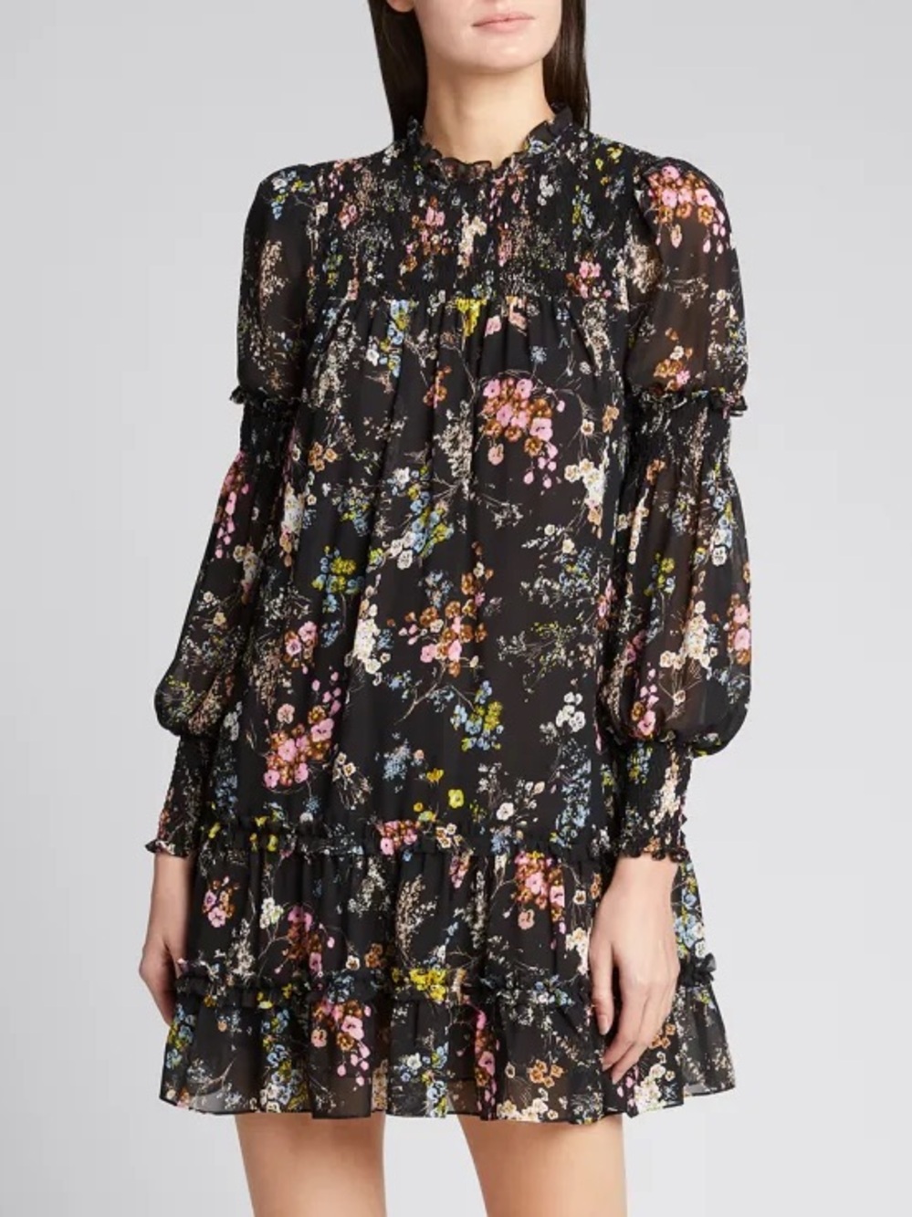 CINQ a SEPT Stephanie Black Floral Tiered Long-Sleeve Dress Pastel Blooms Size 8